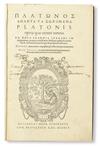 PLATO. Opera quae extant omnia.  3 vols.  1578.  Lacks pages 721-32 in Volume 2.